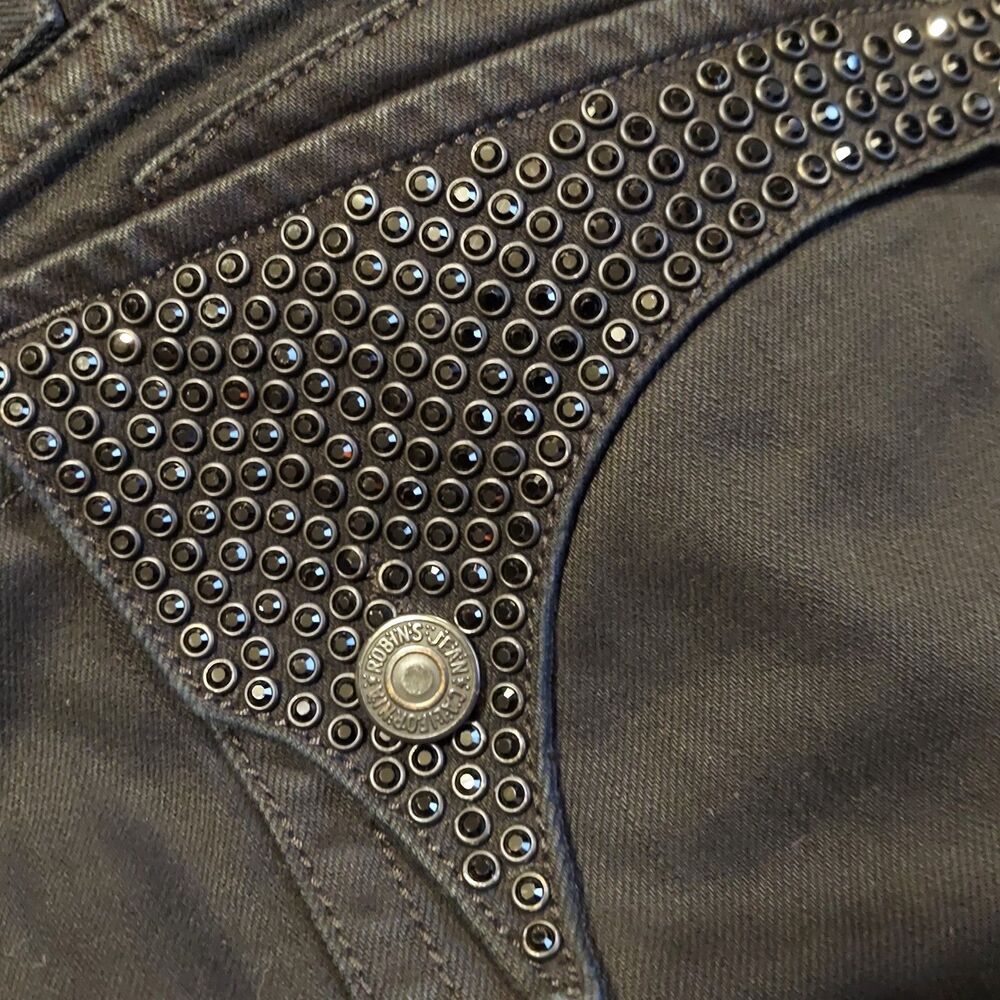 Robin's Jean Black on Black Long Flap Jeans Black Studs Sz40 READ
